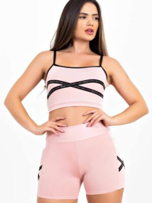 lShort Cintura Alta + Cropped Rose com Elásticos em X Conjunto Fitness