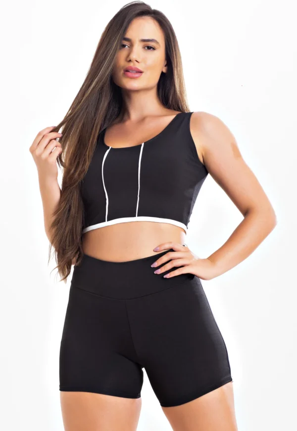 Feminino Short Preto com Detalhe em Vivo Branco Cintura Alta e Cropped Regata Academia Conjunto Fitness - Imagem 2