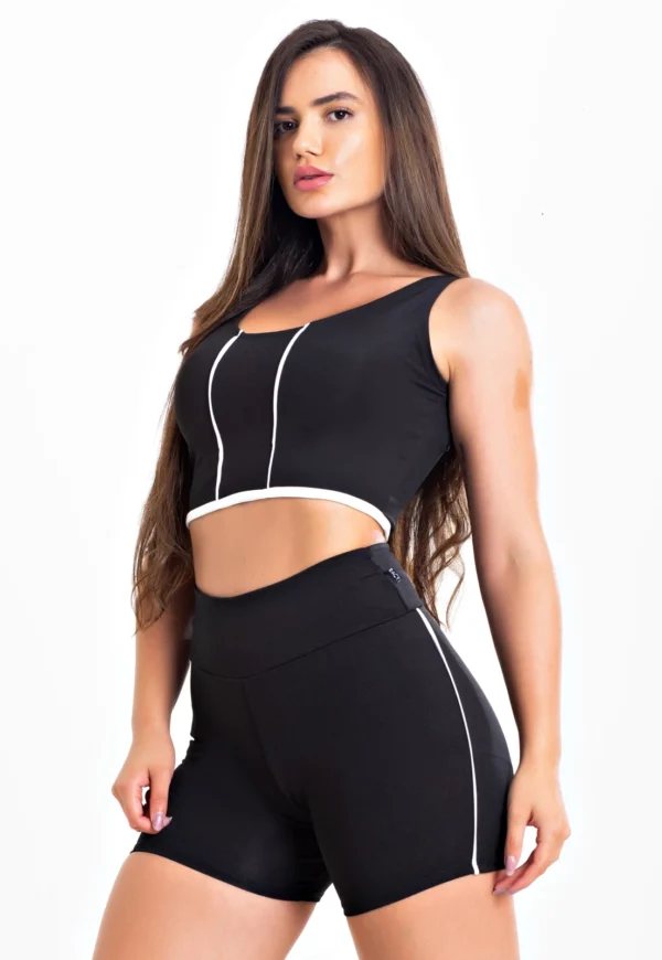 Feminino Short Preto com Detalhe em Vivo Branco Cintura Alta e Cropped Regata Academia Conjunto Fitness