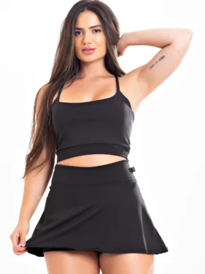 Short Saia + Cropped Alcinha Preto Conjunto Fitness