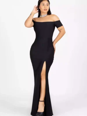 Vestido Longo Tubinho Ombro a Ombro com Fenda Preto