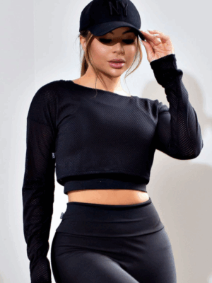Top Cropped Manga Longa de Tela Dry Fit Preto