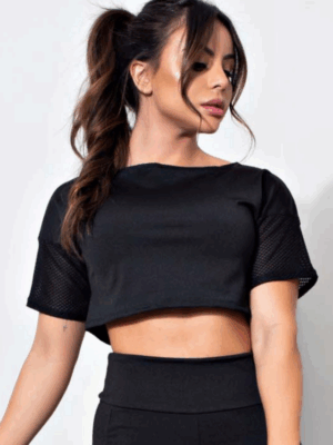 Cropped Fitness Preto com Detalhe Tela
