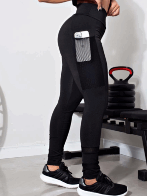 Calça Com Bolso em Tela Legging Fitness Preta