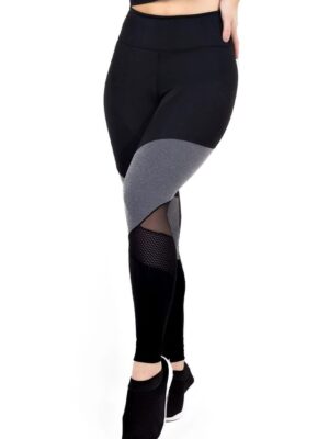 Calça Legging e Tela Preto com Cinza Cintura Alta Assimétrica com Detalhe em Tulê