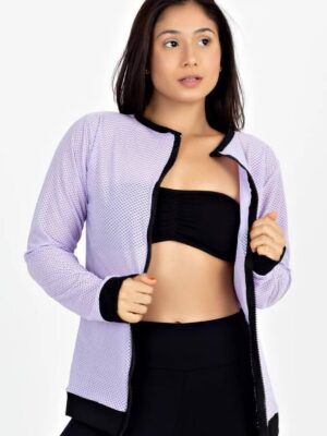 Casaco De Tela Com Ziper Lilás Fitness Longo